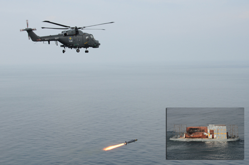 RMN Super Lynx firing a Sea Skua missile