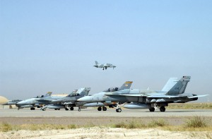 Two Kuwait AF F/A-18C seen here with a couple of F-16s. Internet.