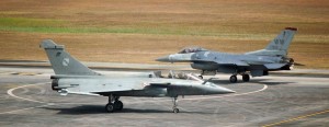 French AF Rafale meets up with the PACAF F-16 during the daily display at LIMA 2015.