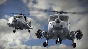 A CGI image of two AW159 Wildcat armed to the teeth