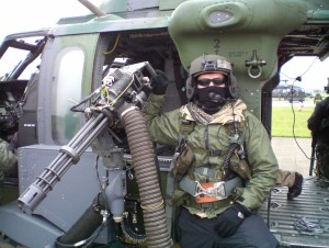 A mini-gun fitted to a Blackhawk helicopter