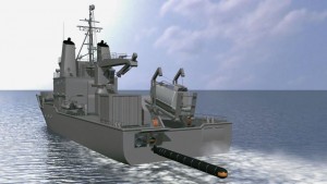 The CGI image of the stern launching of the Seahake Mod 4 ER torpedo from a purpose built vessel. Atlas Elektronik.