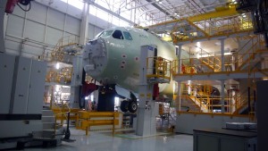 A cockpit part of an Atlas being mated to a fuselage at the Airbus DS A400M final assembly facility.