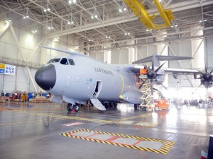A Luftwaffe A400M Atlas undergoing checks at Airbus DS facility in Spain.