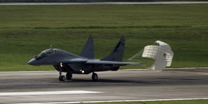 MIG-29NUB m43-02 lands at Butterworth AB during Cope Taufan 2014. USAF picture