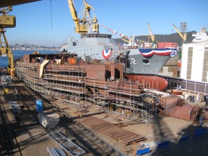 Chilean Navy OPV Comandante Policarpo Toro (82) waiting to be launched at the Asmar shipyard, Chile. Along side her is the third OPV under construction.