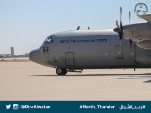 RMAF Hercules M30-11 from 20th Squadron landing at a Saudi airbase with the Malaysian contingent for North Thunder exercise. Diraalwatan.