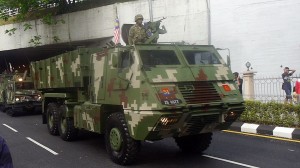 An Astros II MLRS launcher vehicle of the Rejimen 51 of the Kor Artileri Di Raja at the 2013 Merdeka Day parade.