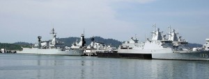 RMN ships berthed at the Lumut naval base in early 2014, KD Kasturi, KD Lekiu (hidden) and two Kedah class.