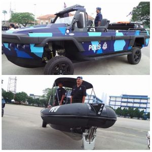Humdinga amphibious vehicle (top) and Sealegs RIB on display at the recent 2016 Police Day ceremony. PDRM picturei