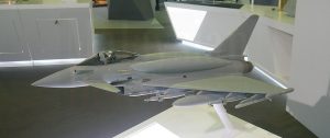 A model of a Tranche 3 Eurofighter Typhoon complete with dorsal fuel tanks at BAE Systems showcase