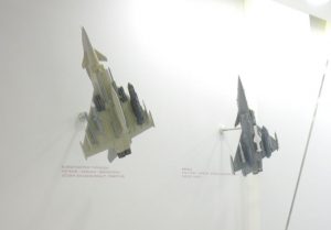 Models of the Eurofighter Typhoon and Dassault Rafale with weapons at the MBDA booth
