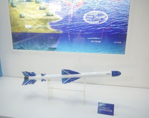 A model of the C802A SSM on display at DSA 2016. The missile has been exported to Pakistan, Bangladesh and Algeria. Note the graphic of the family of missiles in the back.