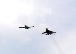 An MB339 and a MIG-29N Fulcrum  demonstrates the interception of an unknown bogey using the NCO.