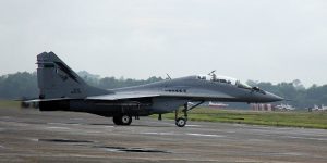 One of the two seater Fulcrum  - M43-02 - preparing to take off for the 58th anniversary parade.