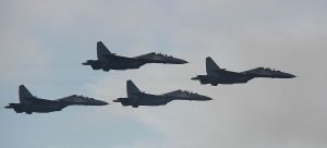 Four Flankers performing a fly past at the parade.