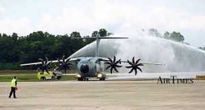 M54-03 accorded the traditional welcome as it taxi into Subang airbase. Air Times picture