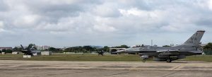 Royal Malaysian Air Force F/A -18 D Hornets,18th Squadron and a F-16 Fighting Falcon,13th Fighter Squadron taxi by during exercise Cope Taufan 2016, at Pangkalan Udara Butterworth , Malaysia, Jull 20, 2016. The F-16s, assigned to Misawa Air Base, Japan, and F/A -18s, assigned to Butterworth Air Base, are participating in CT 16. U.S. Air Force photo by Tech. Sgt. Araceli Alarcon)