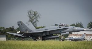 A Royal Malaysian Air Force F/A -18 D Hornet with the 18th Squadron, lands after training scenario during Cope Taufan 16, at Butterworth Air Base, Malaysia July 22, 2016. 