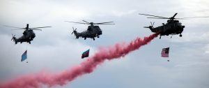 Two RMAF Cougars flying in formation with a Nuri at the RMAF anniversary parade on June 1, 2016.