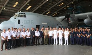 Airod and US personnel posed for a photograph with the first KC-130J which undergone maintenance at the facility. US Embassy picture.