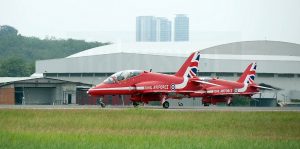 Two out of 12 Red Arrows Hawk T1s taxying at Subang after landing on Oct 16. 