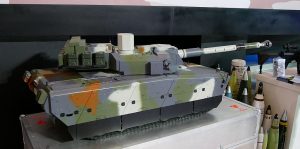 A model of the modern medium weight tank being developed by PT Pindad, a state owned firm with FNSS of Turkey for the Indonesian Army. The tank is fitted with a CMI Defence turret with a 105mm gun and 7.62mm co-axial machinegun. The first protoype is expected to be ready next year.