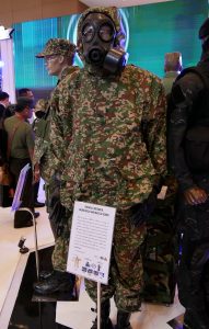 The Army digital camo CBRNe suit on display at the Sritex booth.