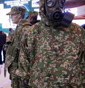 Tentera Darat digital camo on show, Next to the digital CBRNe suit is the Integrated Personnel Protection ensemble.